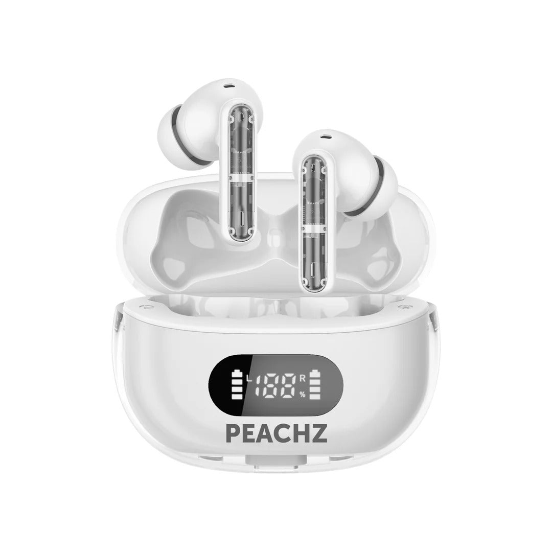 White wireless earbuds with transparent stems displayed in an open white charging case, featuring a front digital battery screen and PEACHZ branding.