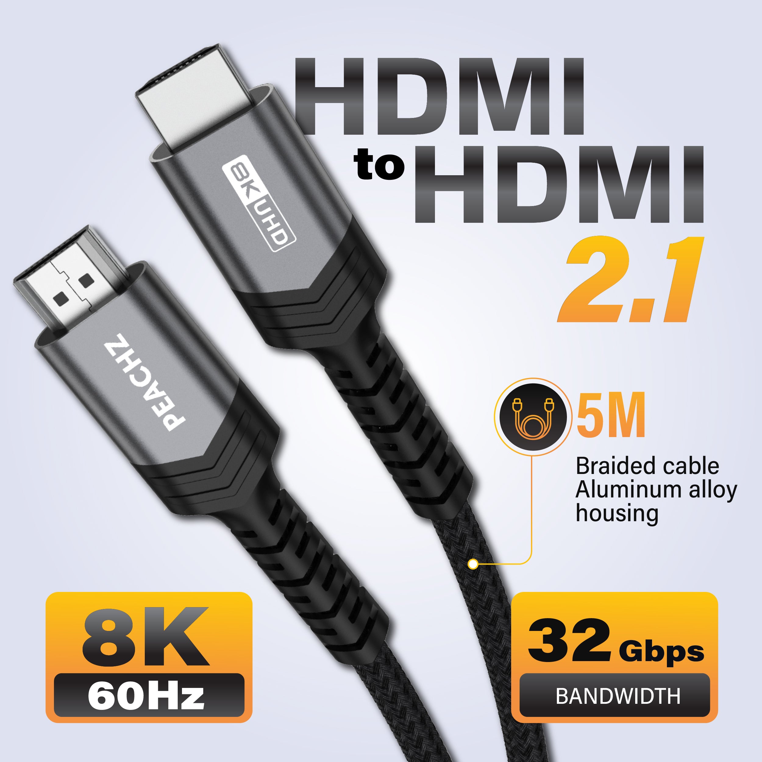 Peachz 8K HDMI Cable 2.1 48Gbps Ultra High Speed HDMI Cable Braided 5meters