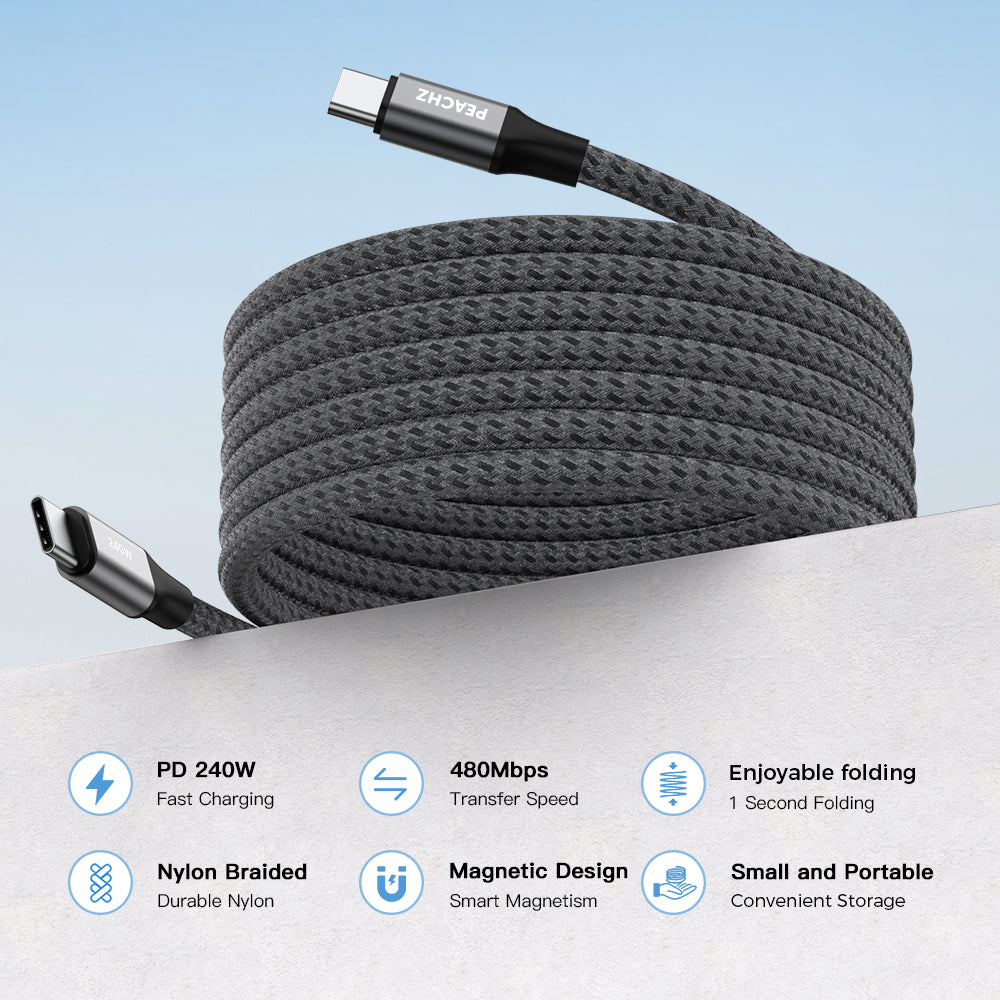 PEACHZ USB-C to USB-C Magnetic Cable-240W Fast Charging, Nylon Braided-1.5m