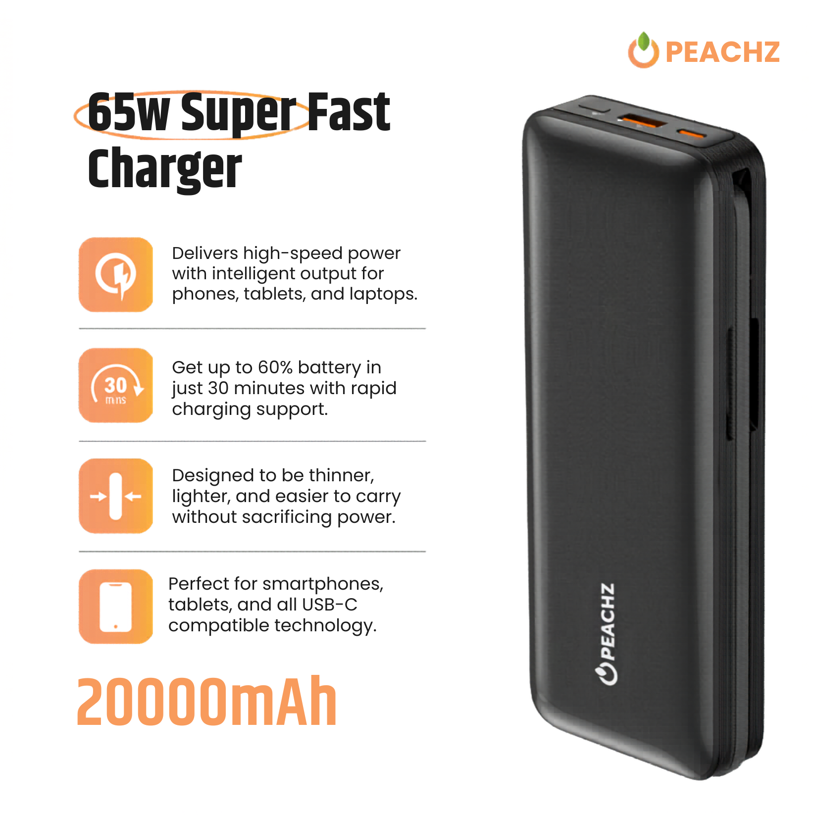 Peachz 20000mAh 65W Power Bank with USB-C PD Fast Charging Portable Charger
