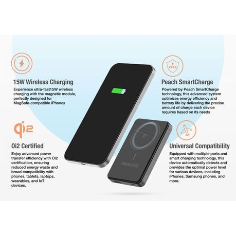 Peachz-10000mAh 15W PD Magnetic Power Bank,Slim Qi2, Magsafe Battery Pack