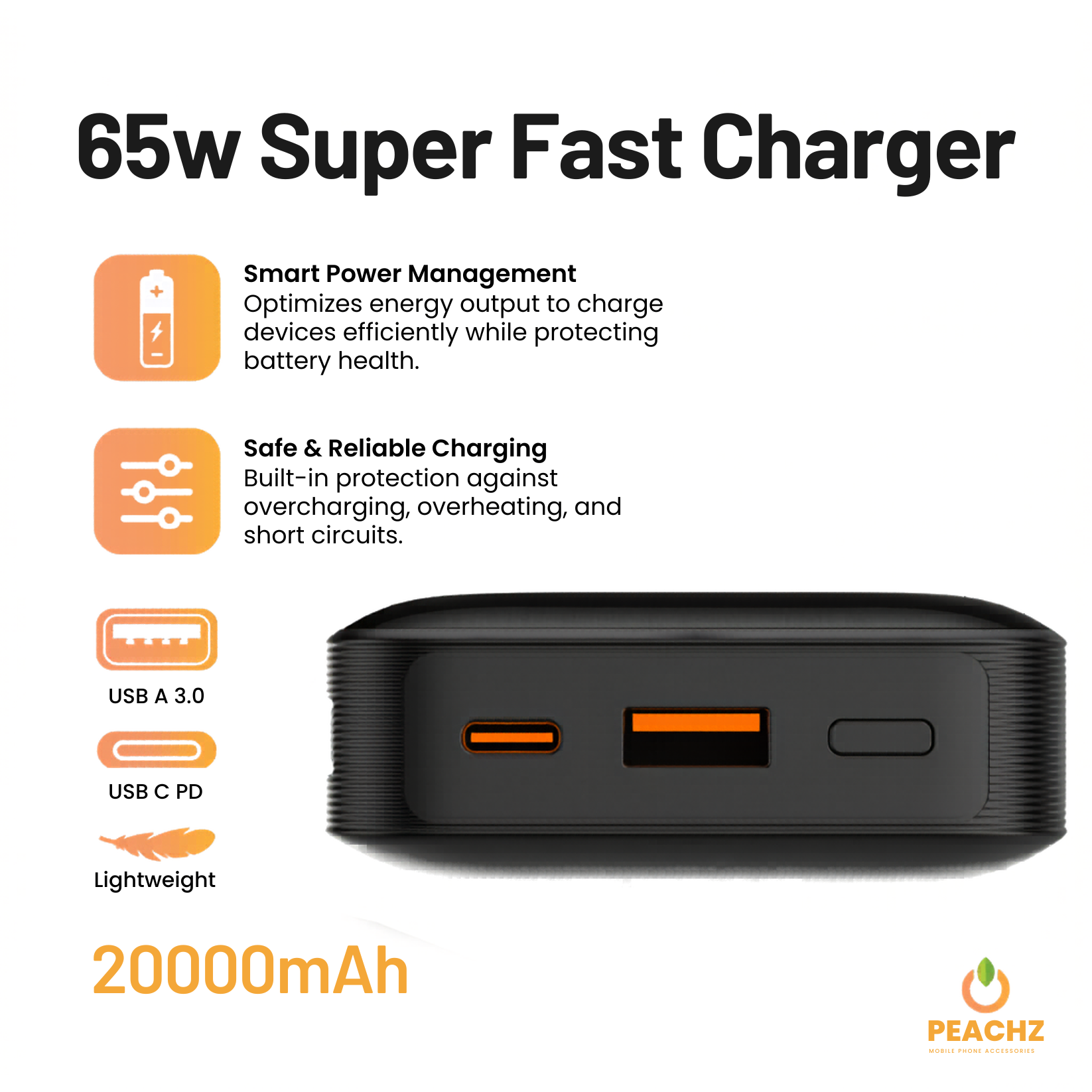 Peachz 20000mAh 65W Power Bank with USB-C PD Fast Charging Portable Charger
