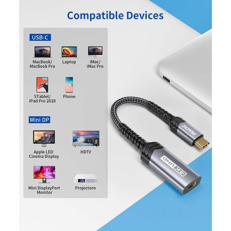 Peachz USB-C to Mini DisplayPort Adapter 4K@60Hz - Grey | MacBook Dell