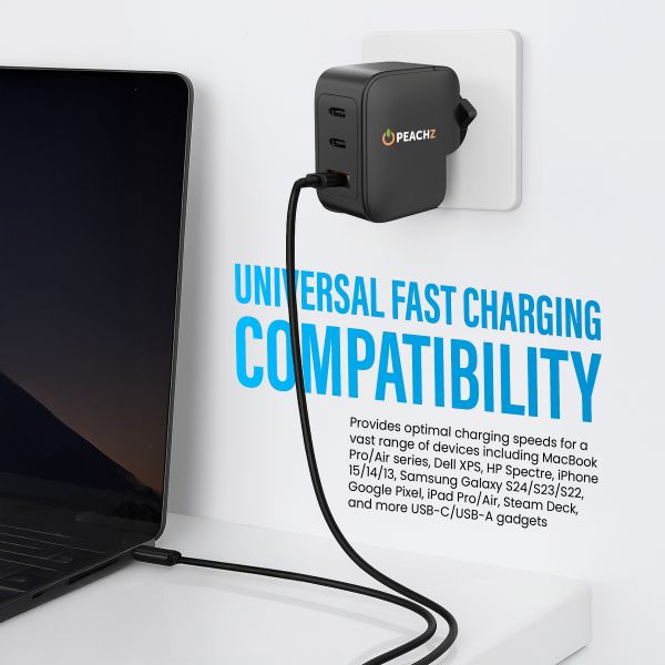 Peachz 65WGaN USB-C Fast Charger with2Type-C PD&1 USB-A Multiport Adapter