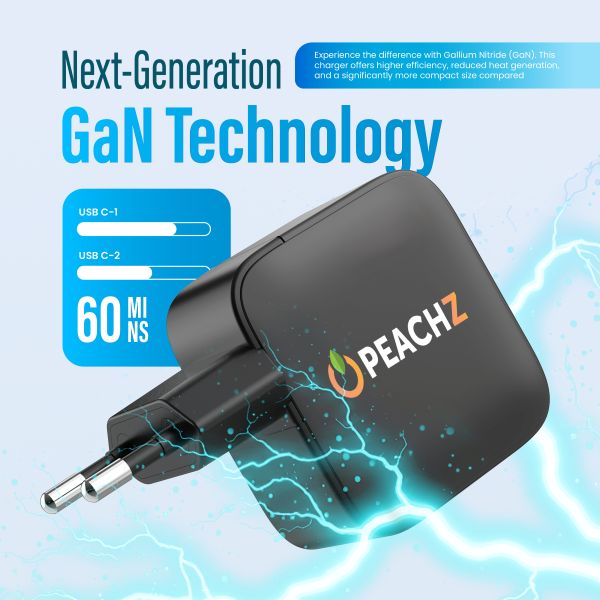 Peachz 65WGaN USB-C Fast Charger with2Type-C PD&1 USB-A Multiport Adapter
