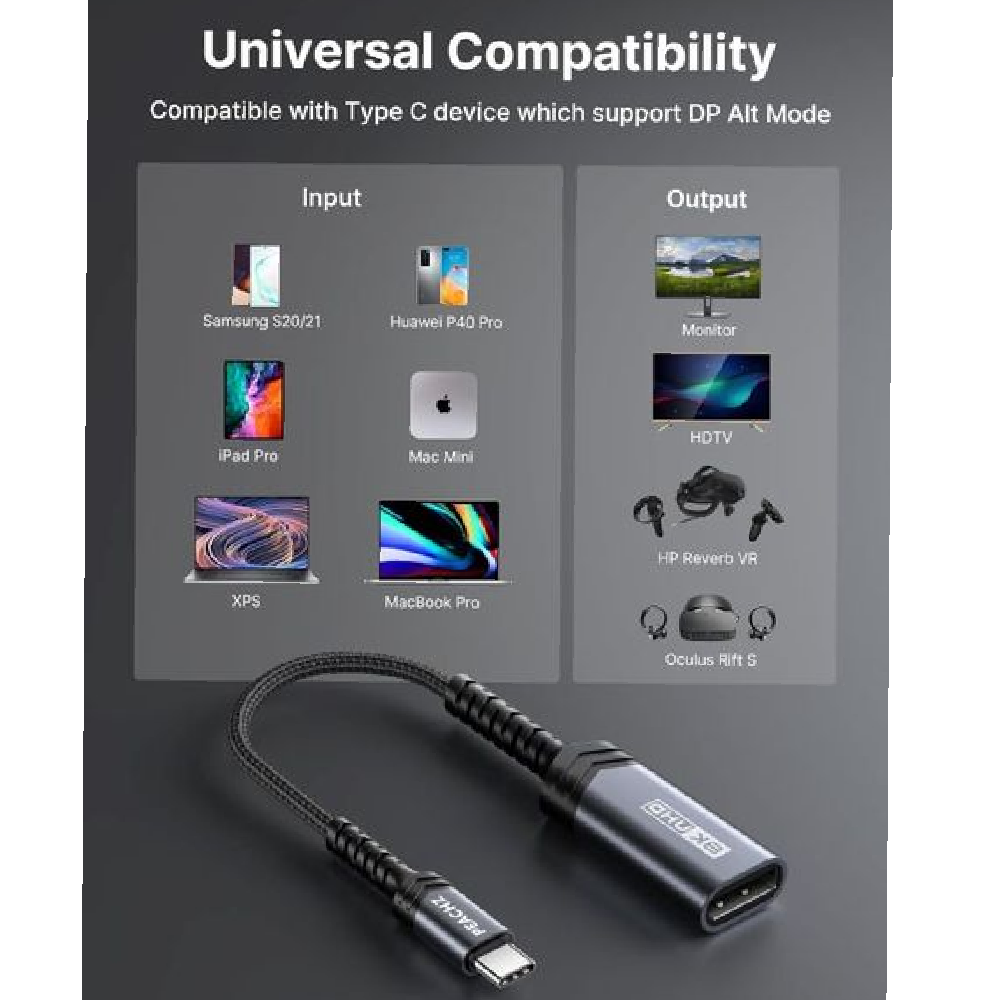 PEACHZ USB-C to Female DisplayPort 1.4 Adapter 0.2M