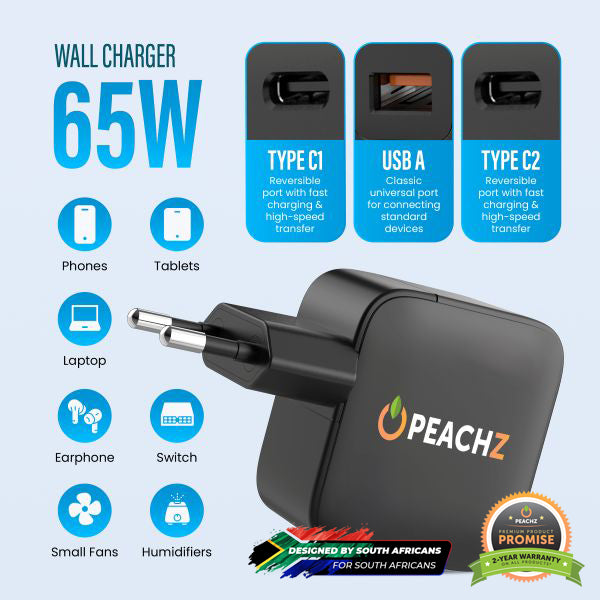 Peachz 65WGaN USB-C Fast Charger with2Type-C PD&1 USB-A Multiport Adapter