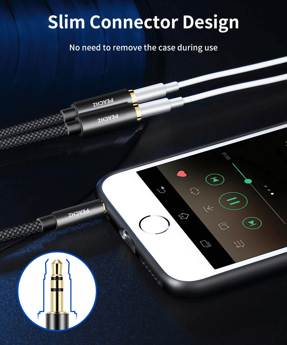 PEACHZ 3.5mm Audio Splitter 2 Female to 1 Male 0.28M