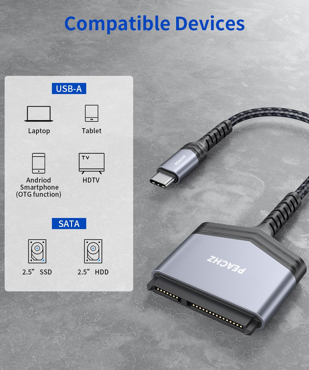 PEACHZ USB-C to 2.5" SATA III Hard Driver Adapter 0.2M