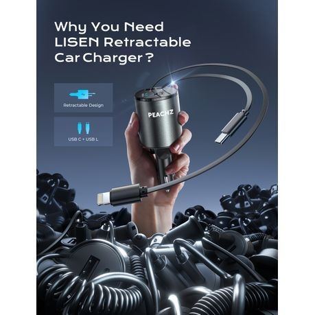 PEACHZ 4-in-1 Retractable iPhone Car Charger Fast Charger