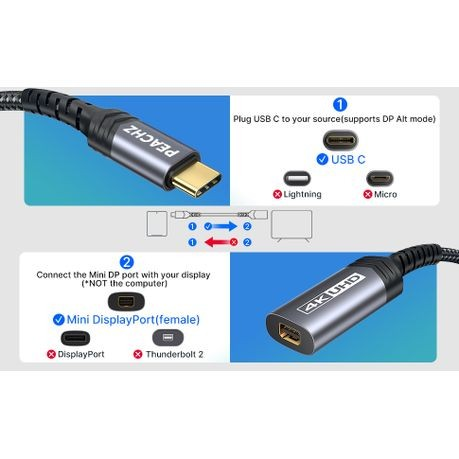 Peachz USB-C to Mini DisplayPort Adapter 4K@60Hz - Grey | MacBook Dell