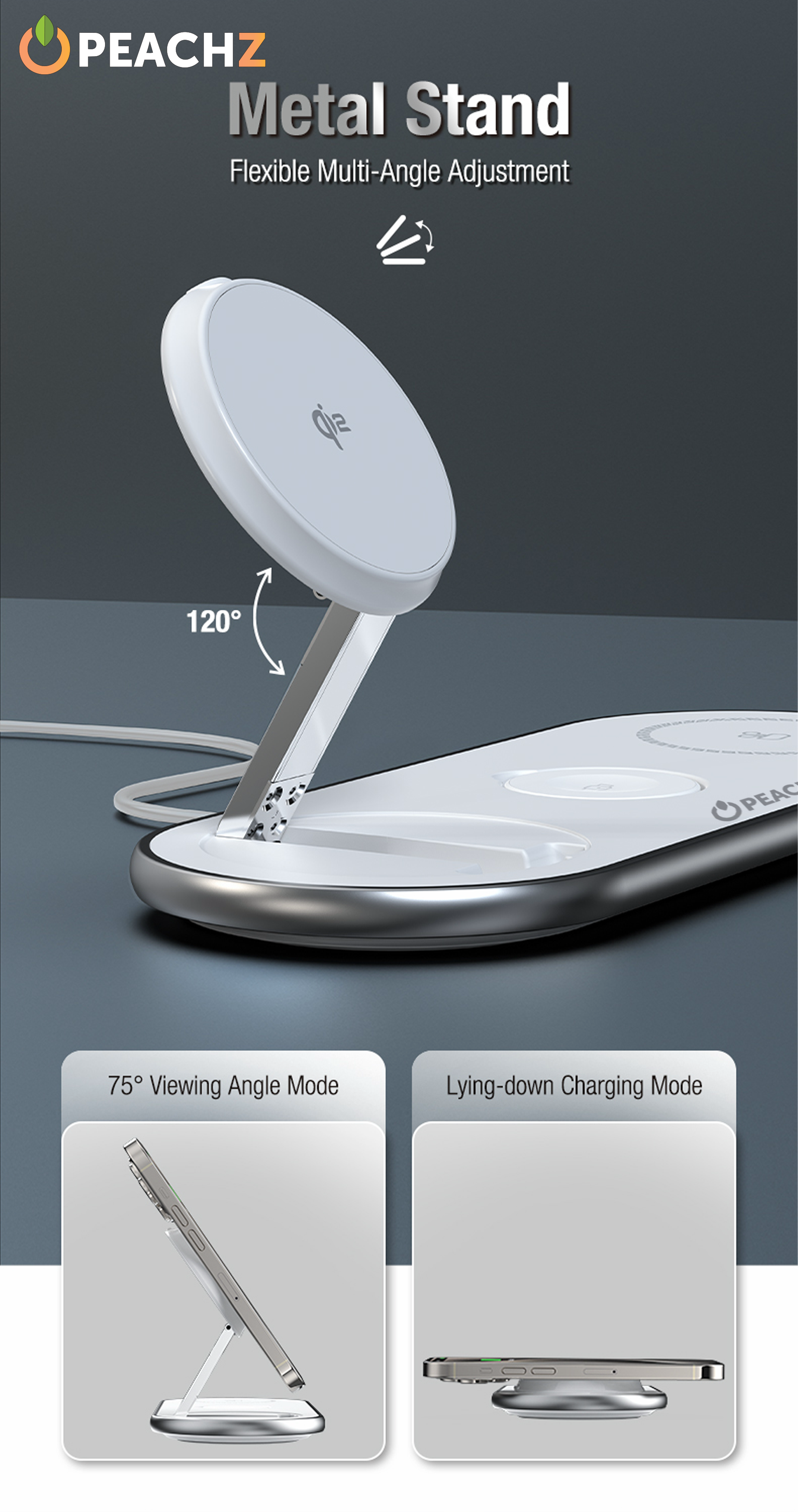 PEACHZ Qi2 3-in-1 Magnetic Wireless Charging Stand-15W Fast Charging