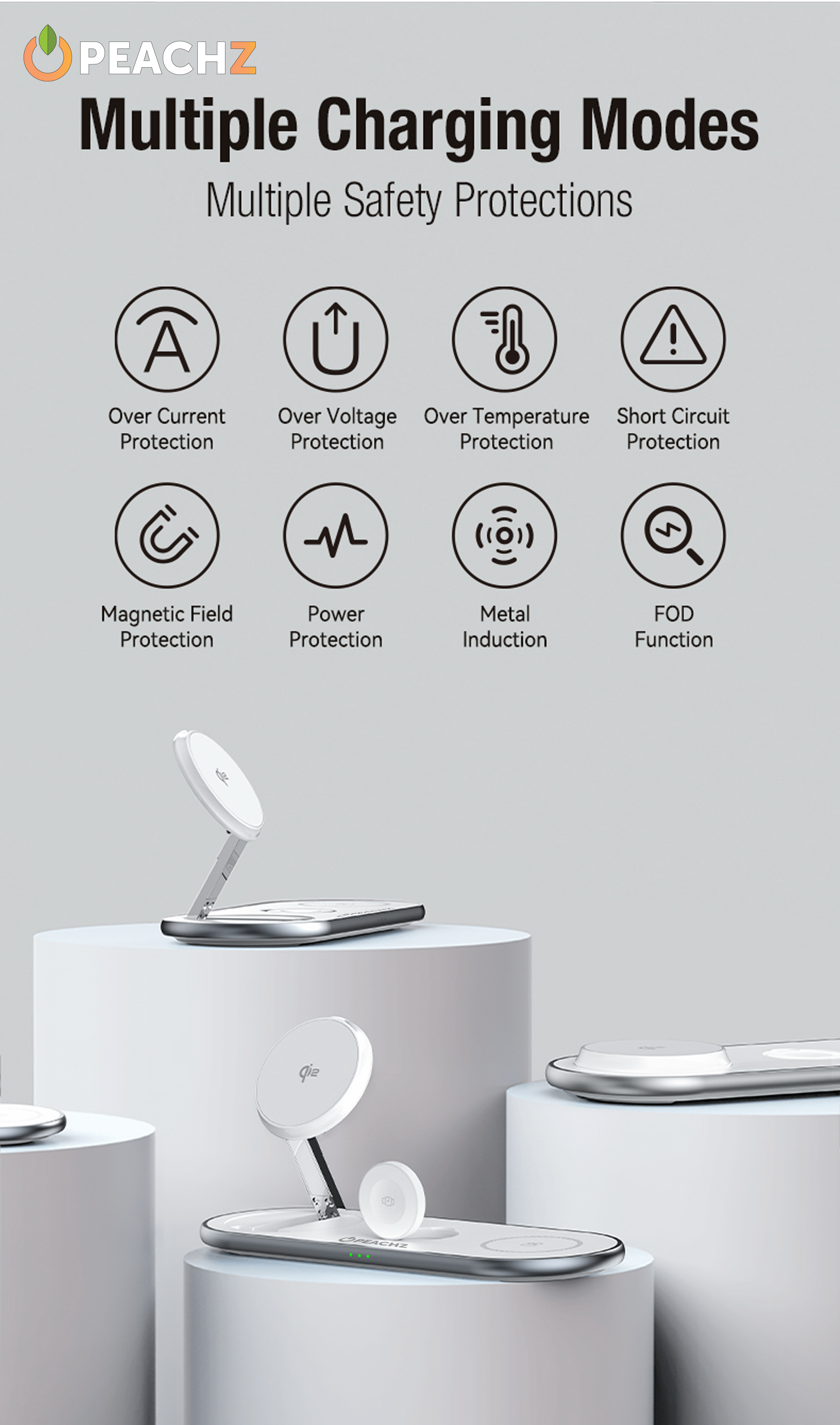 PEACHZ Qi2 3-in-1 Magnetic Wireless Charging Stand-15W Fast Charging