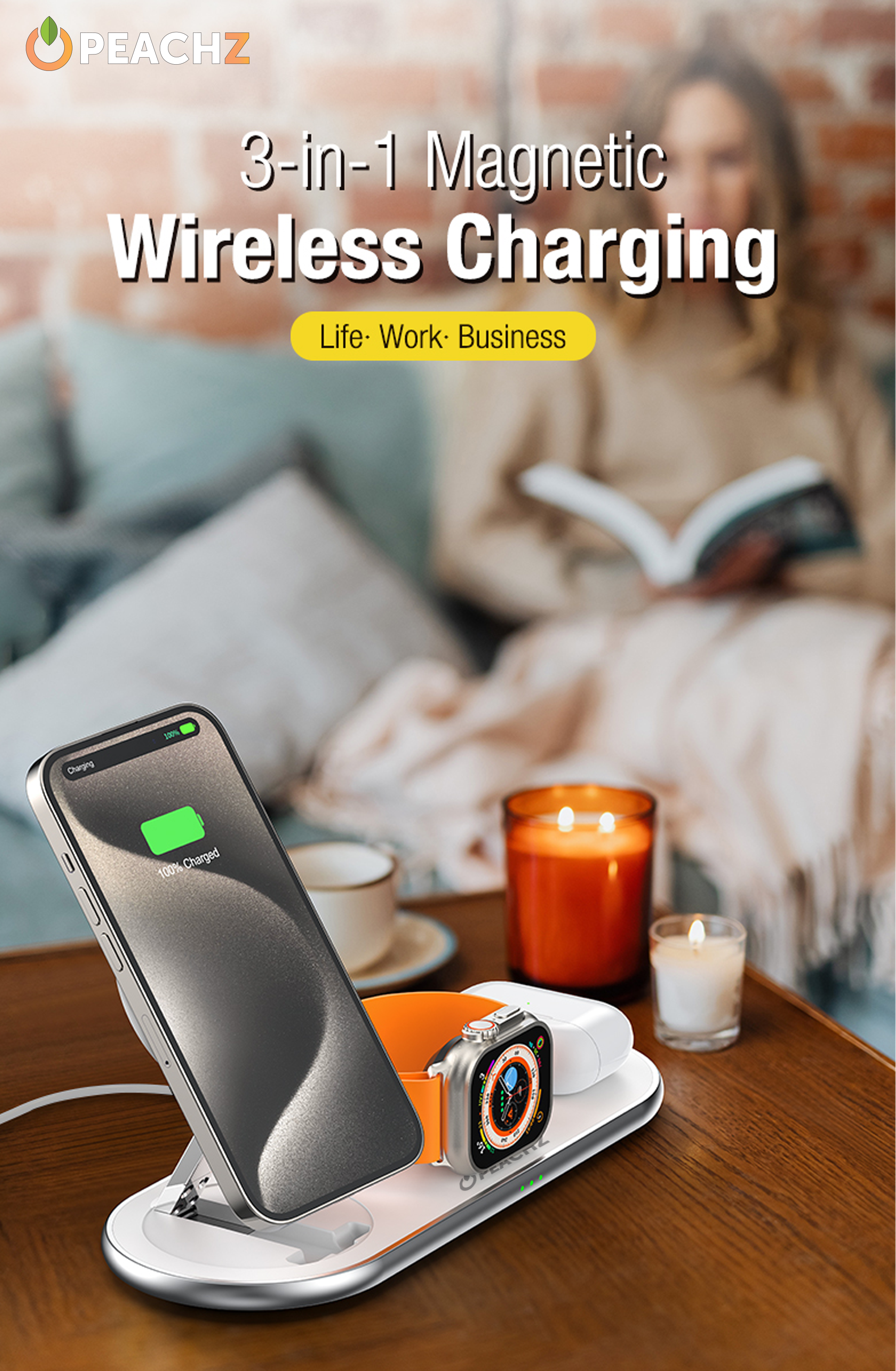 PEACHZ Qi2 3-in-1 Magnetic Wireless Charging Stand-15W Fast Charging