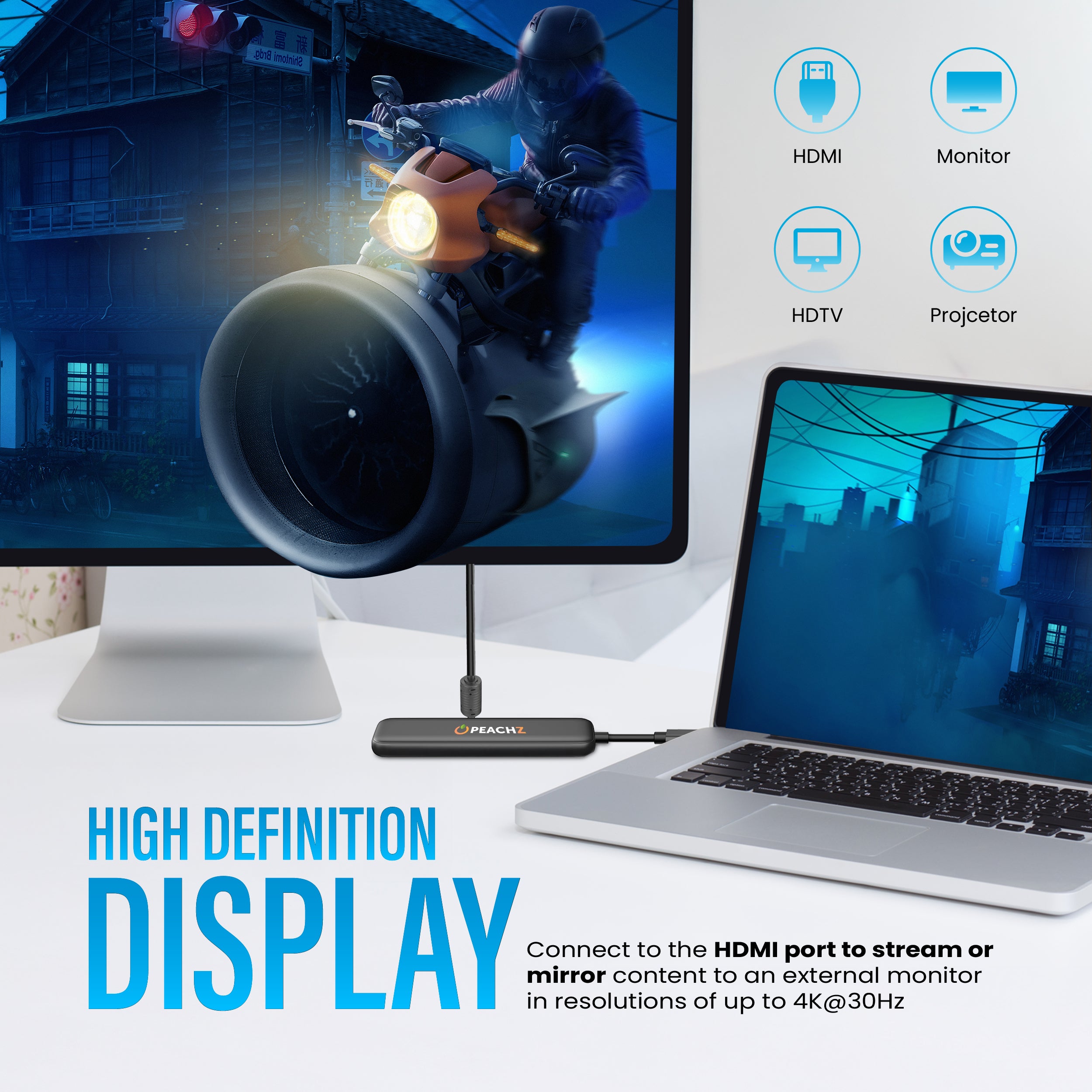 Peachz 5-in-1 USB-C Adapter Hub with 4K HDMI Splitter, 100W PD & USB 3.0