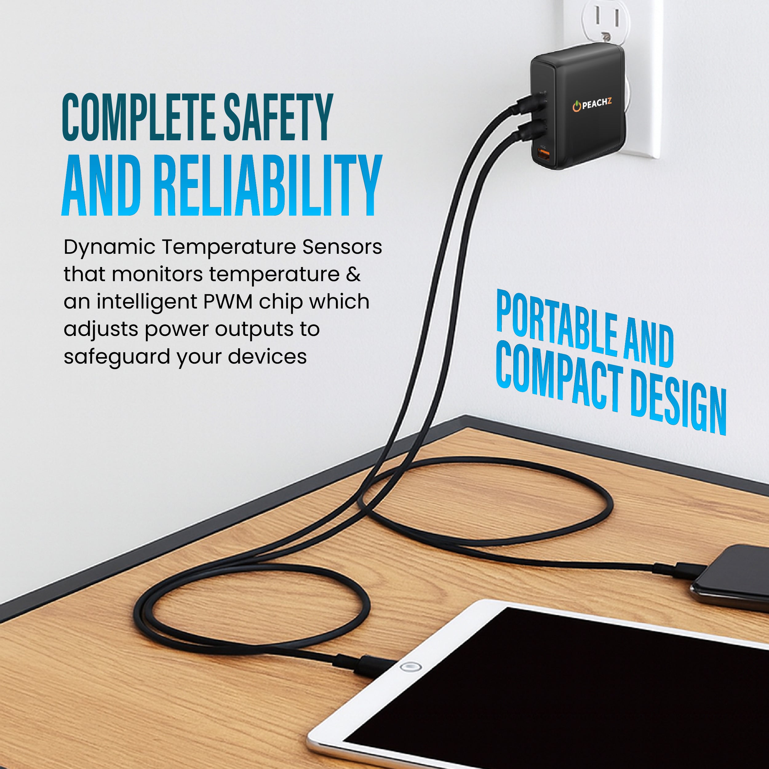 Peachz 100W GaN USB-C Fast Charger with 2×Type-C PD &1 USB-A Laptop Adapter