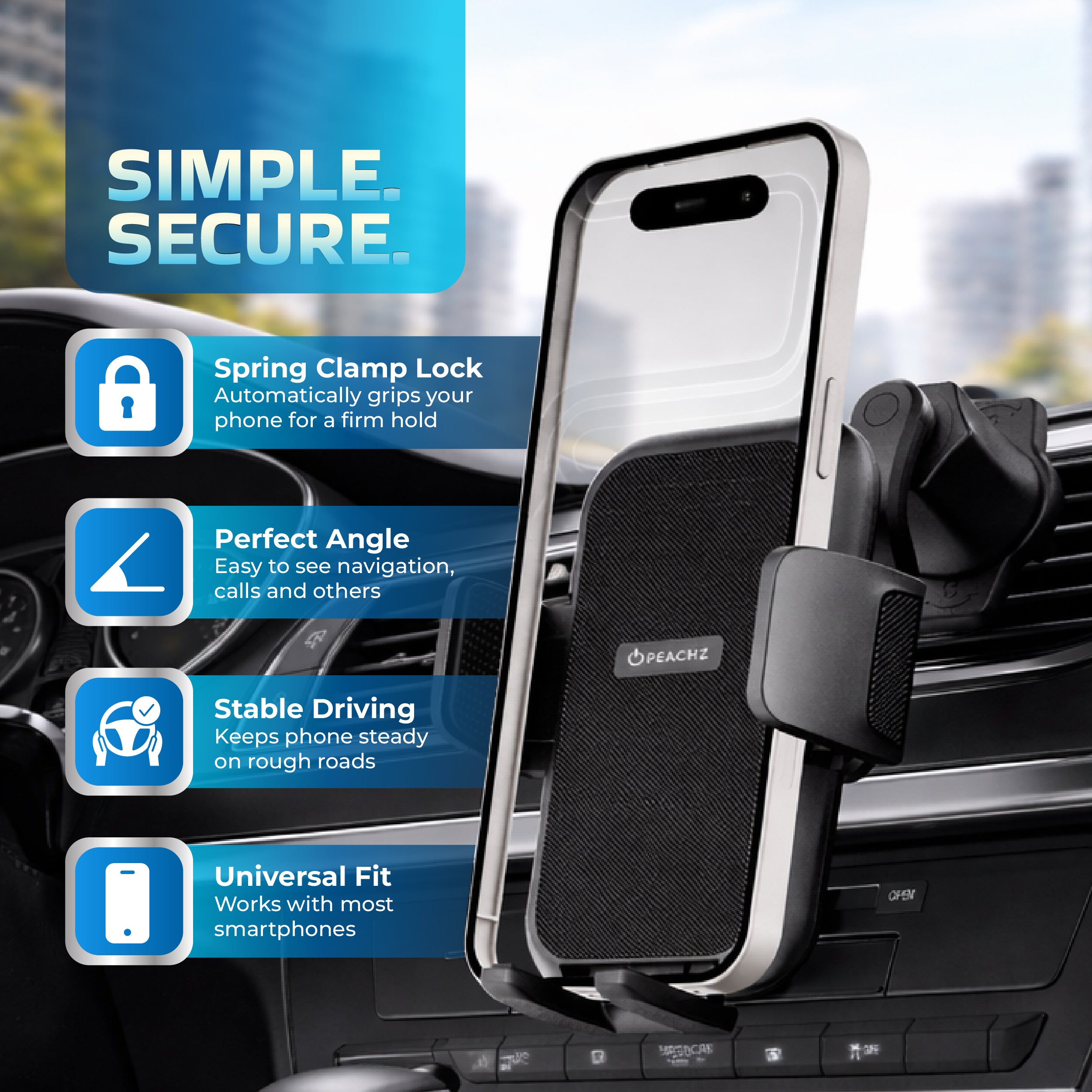 Peachz Air Vent Phone Holder with Secure Clip Mount