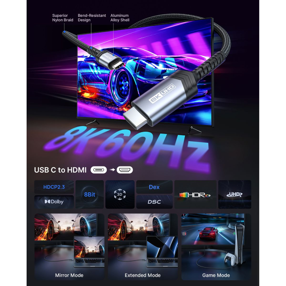 PEACHZ Nylon Braided USB-C to HDMI 2.1 Cable 2M