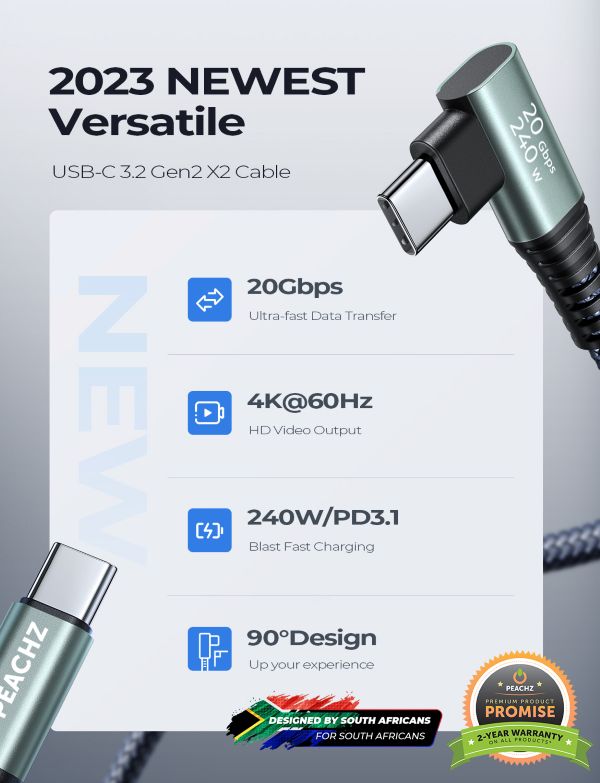 PEACHZ USB-C to USB-C Elbow Transfer Data Cable 3.2 Gen 2M