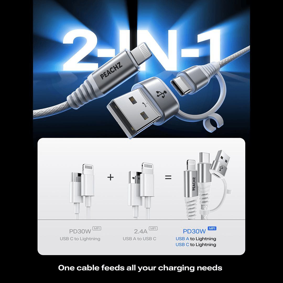 PEACHZ 30W USB-A/C To Lightning Fast Charging iPhone Cable 2M