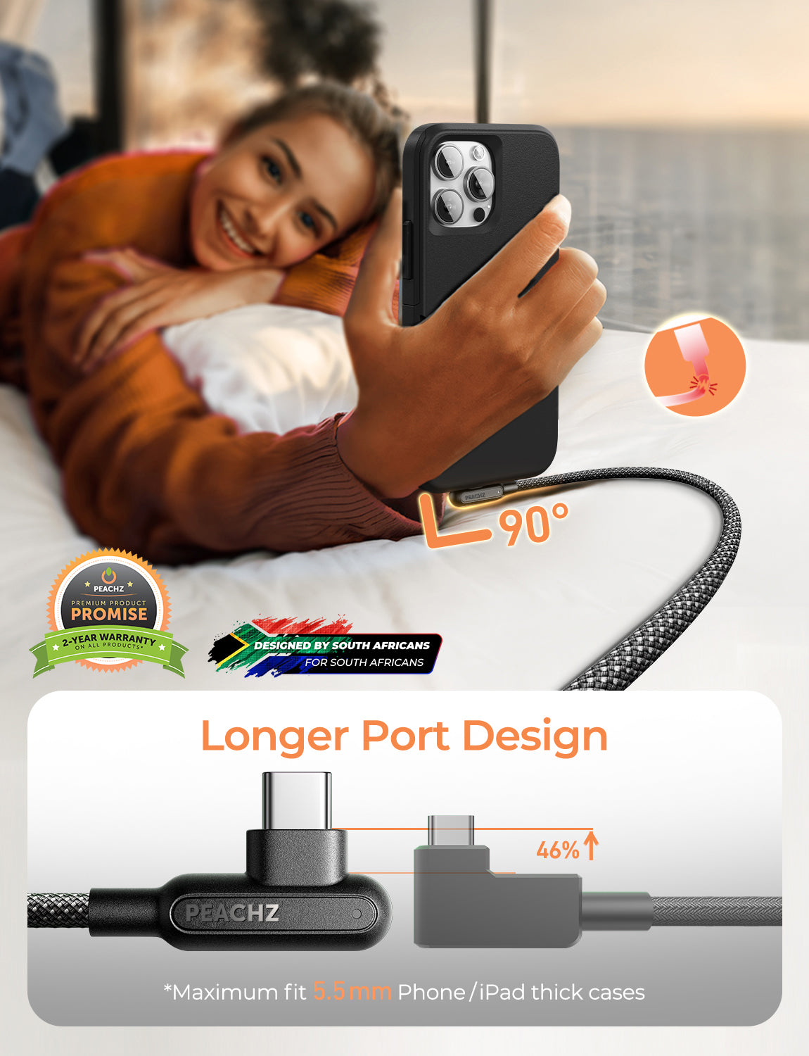 PEACHZ 240W USB-C to USB-C Right Angle Fast Charge 2 Pack with Magnetic Cable Clips 2 Meter