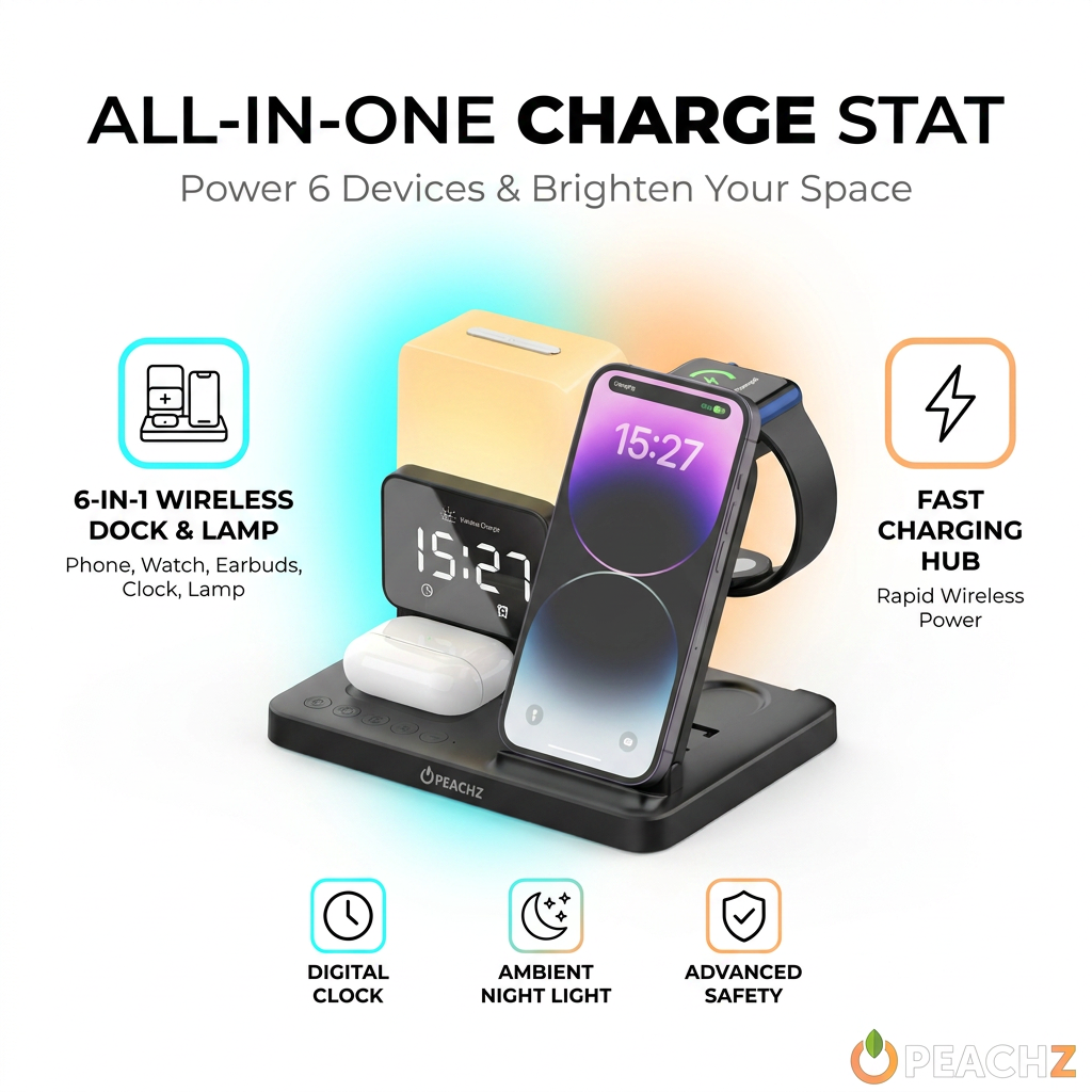 PEACHZ 6-in-1 Wireless Charging Station Dock with Clock & LED Lamp