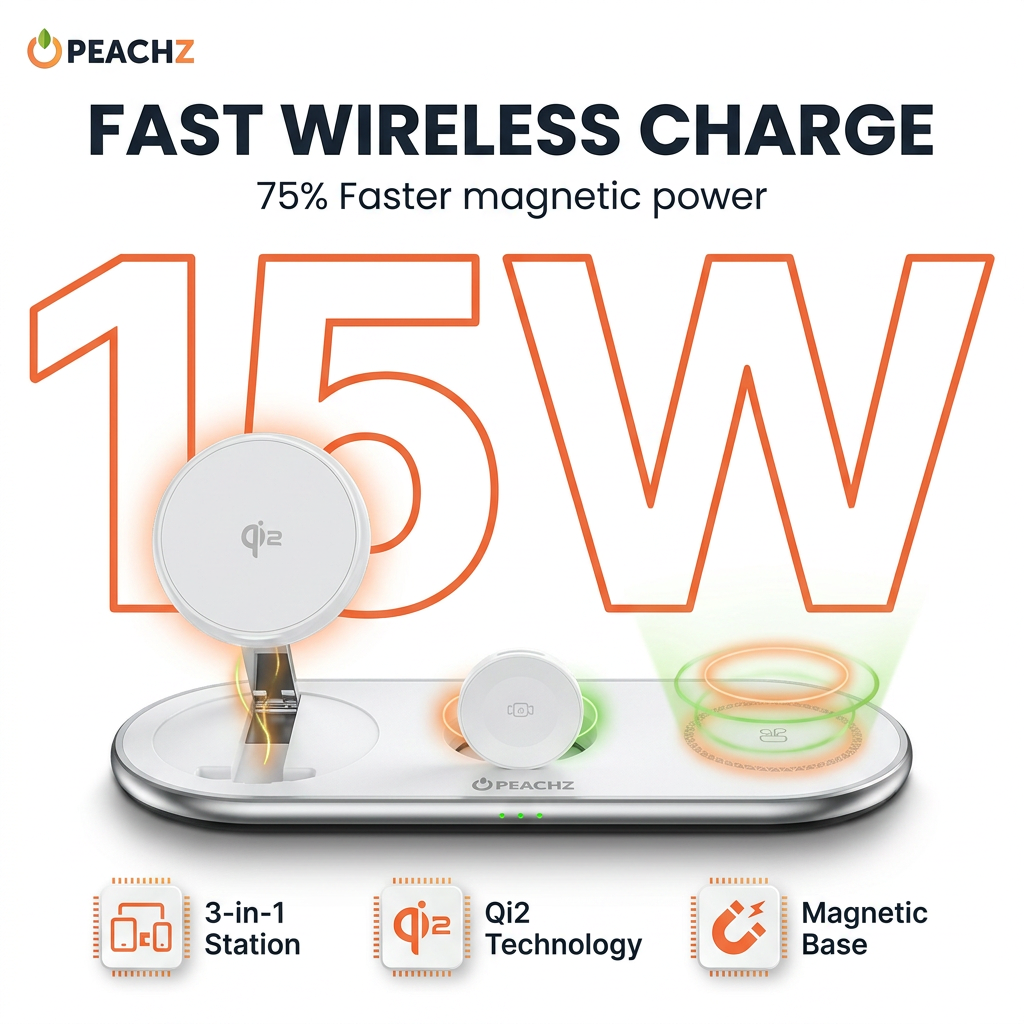 PEACHZ Qi2 3-in-1 Magnetic Wireless Charging Stand-15W Fast Charging