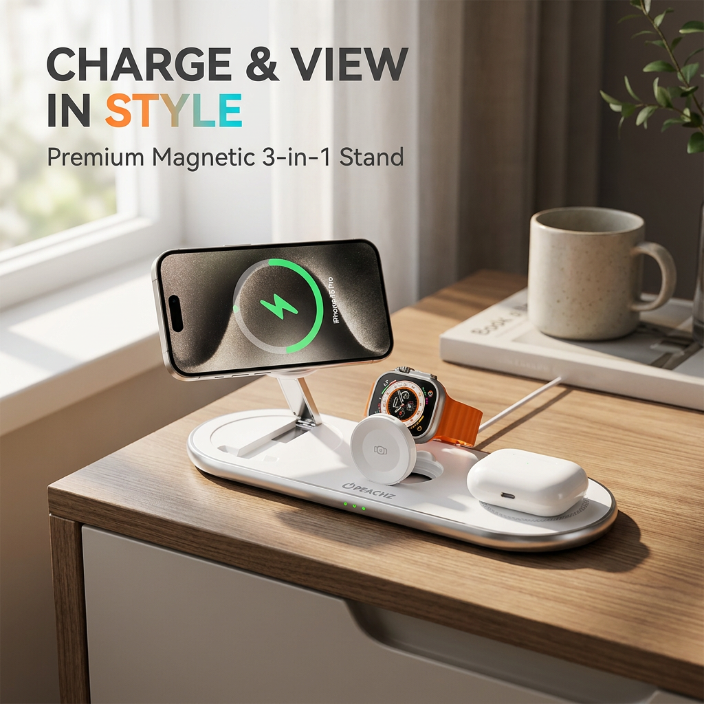 PEACHZ Qi2 3-in-1 Magnetic Wireless Charging Stand-15W Fast Charging
