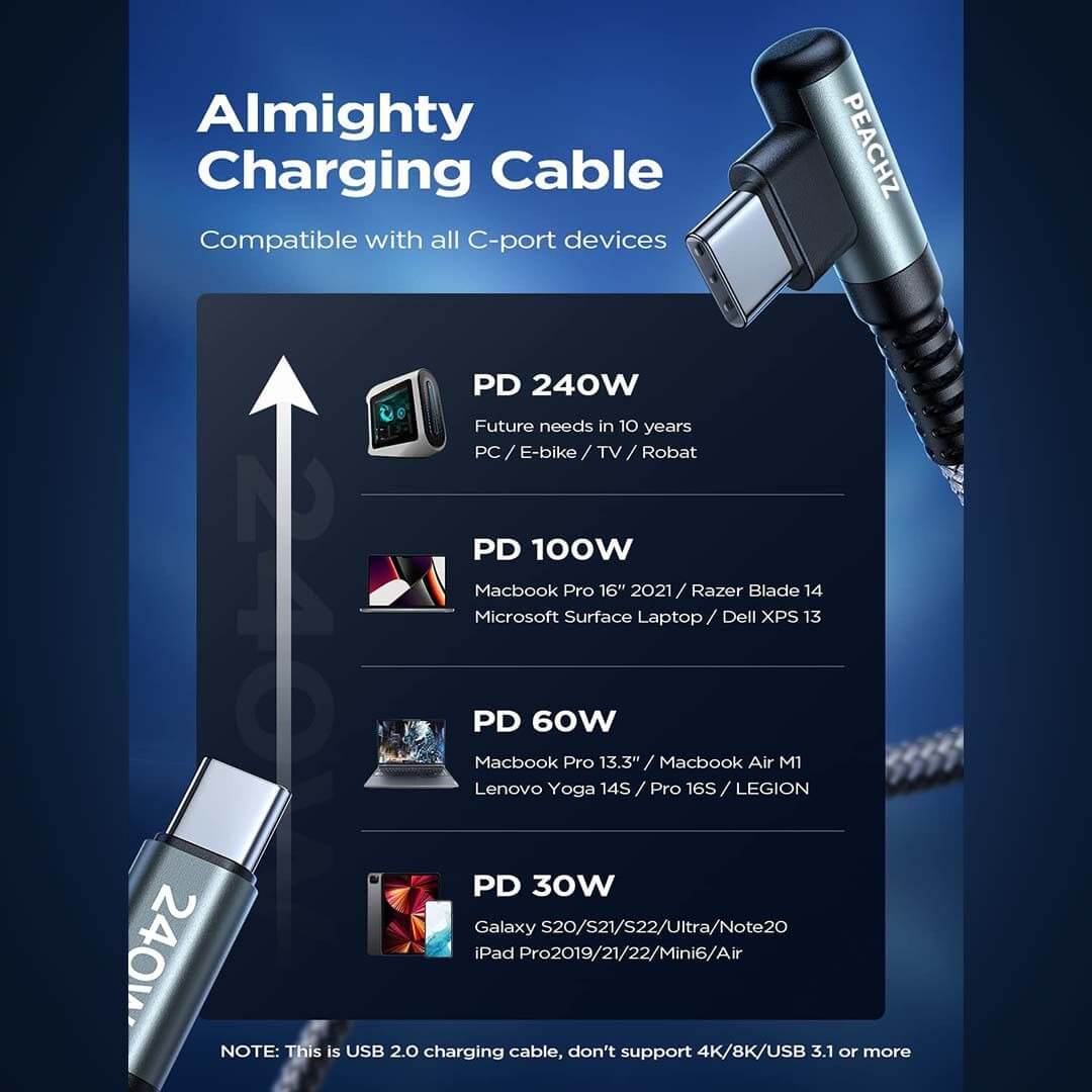 PEACHZ 240W Fast Charging USB-C to USB-C Nylon Braided Cable 1M