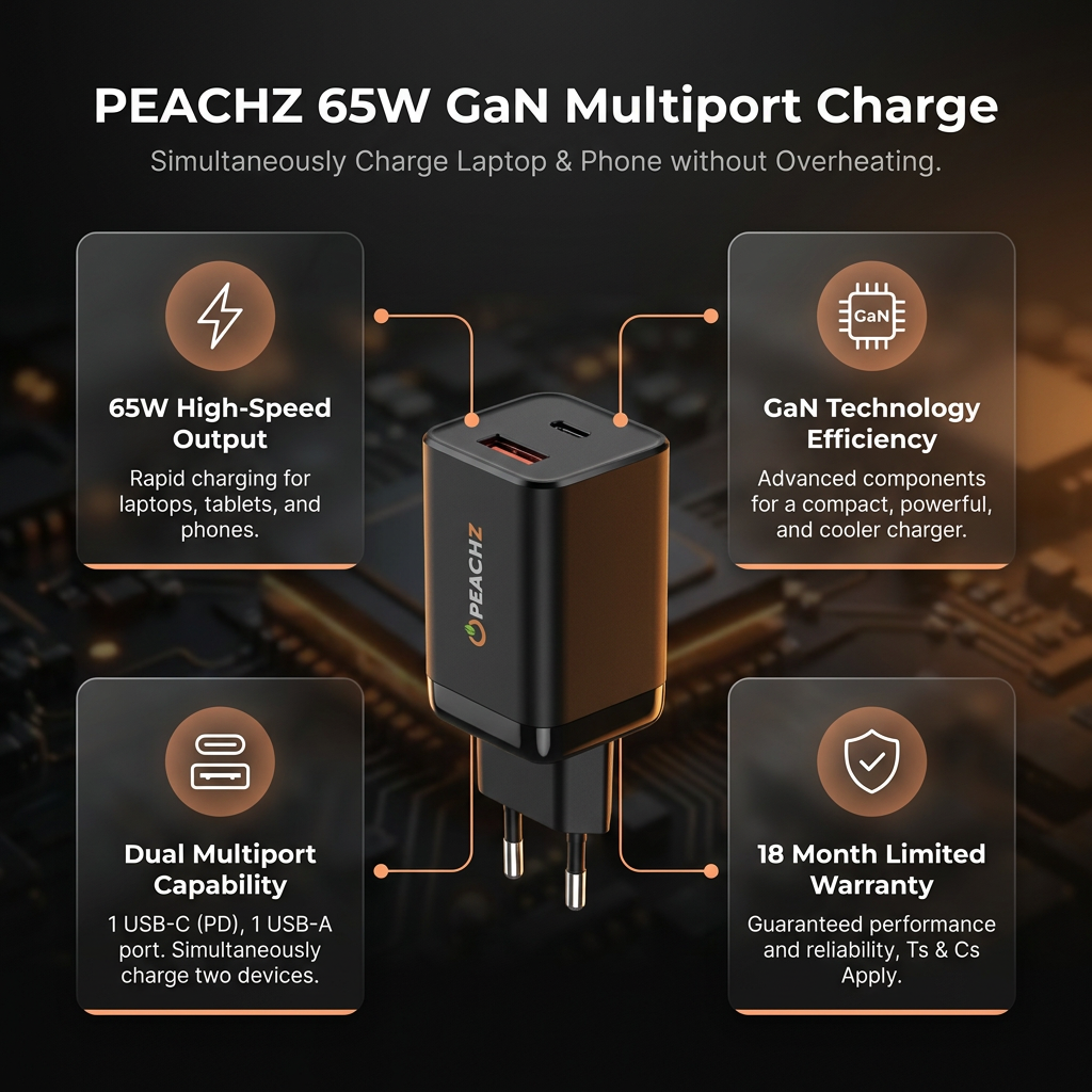 PEACHZ 65W Mini GaN USB-C PD Charger Compatible with iPhone & Samsung