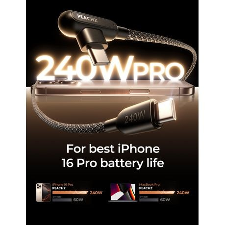 PEACHZ 240W USB-C to USB-C Right Angle Fast Charge 2 Pack with Magnetic Cable Clips 2 Meter