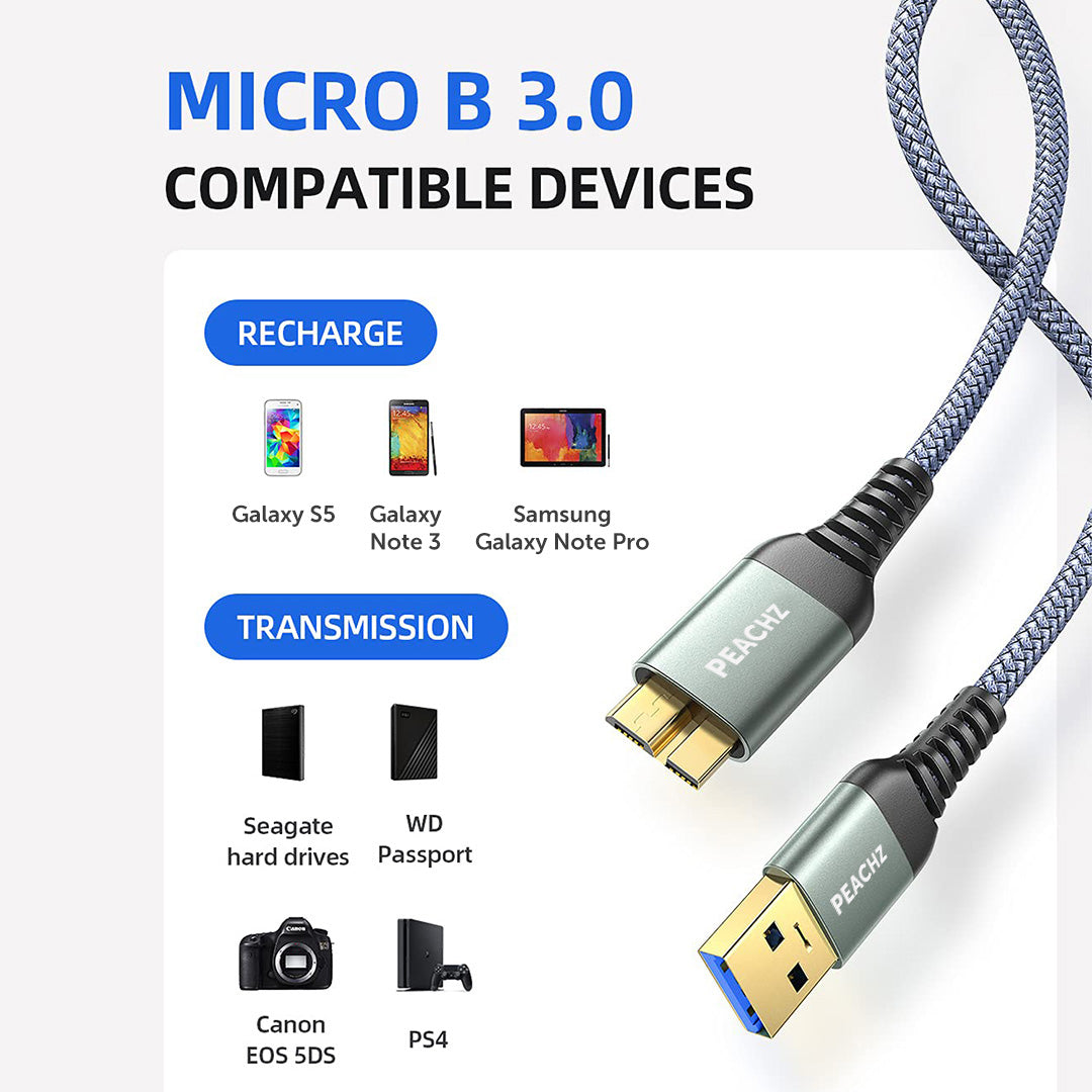 PEACHZ USB-A 3.0 Male to Micro B External Hard Drive Cable 2M