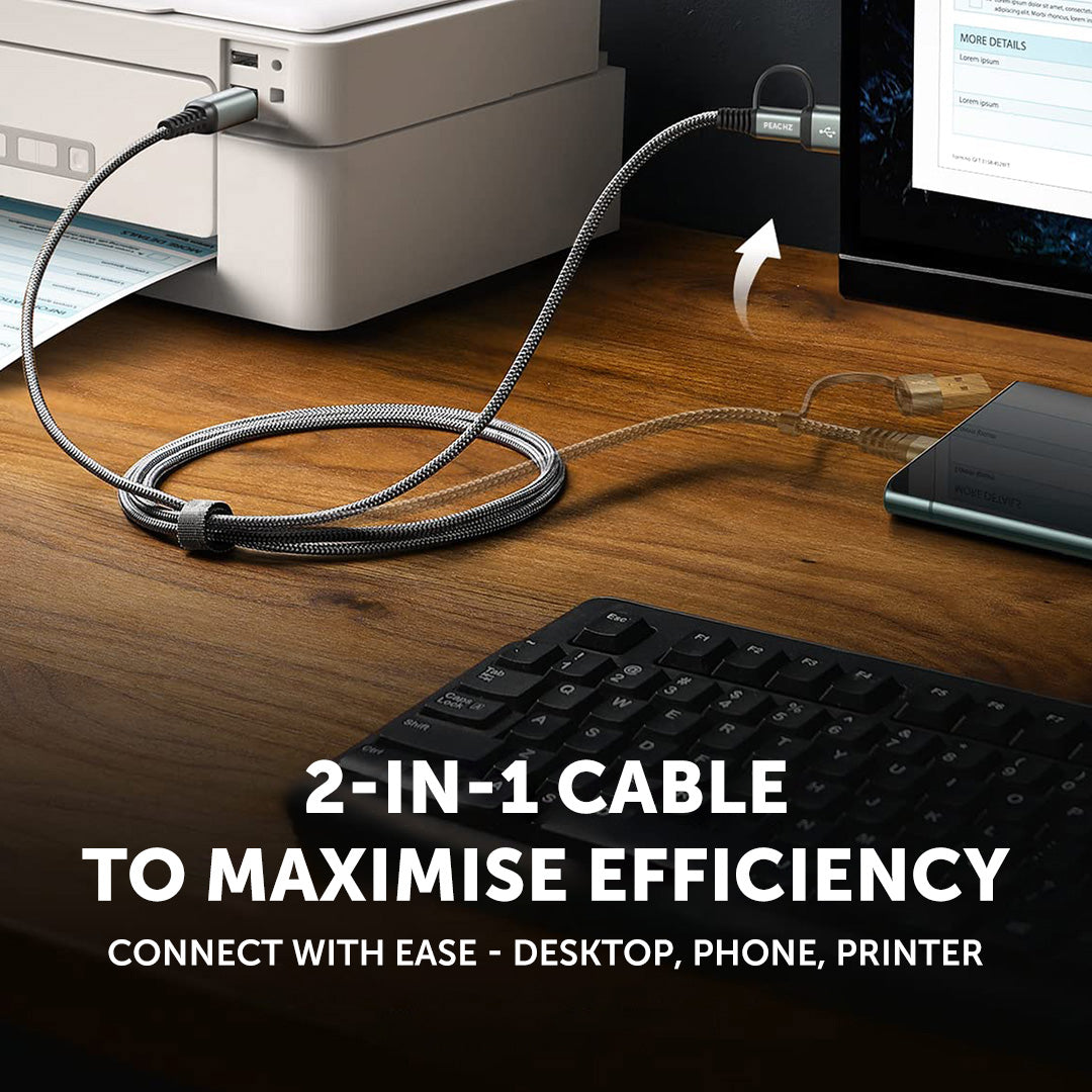 PEACHZ High Speed USB-B to USB-A/C 2-in-1 Printer Cable 2M
