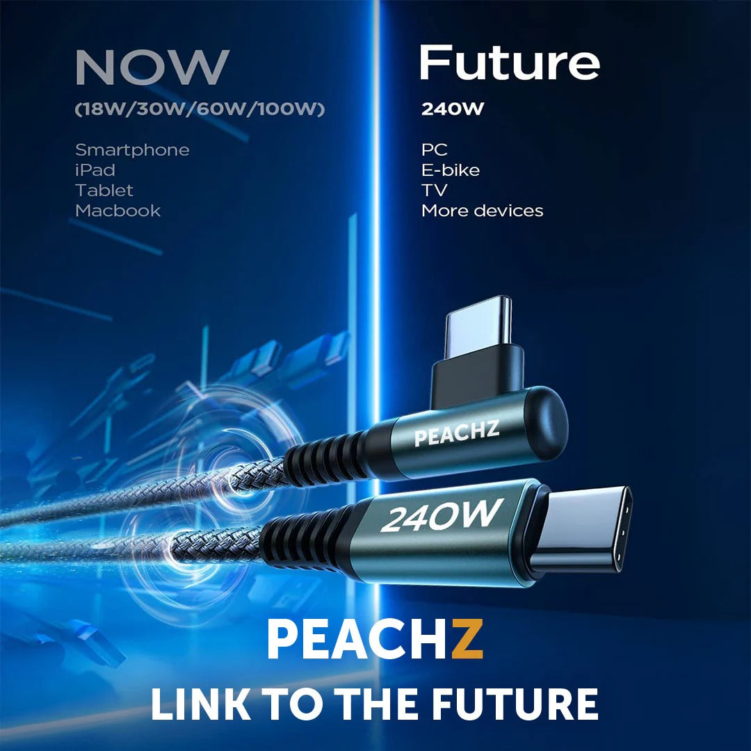 Promotional graphic for a PEACHZ 240W USB-C cable with the slogan “Link to the Future,” comparing current device charging needs like smartphones, tablets, and MacBooks with future higher-power uses such as PCs, e-bikes, and TVs.
