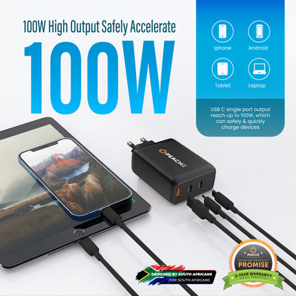 Peachz 100W GaN USB-C Fast Charger with 2×Type-C PD &1 USB-A Laptop Adapter