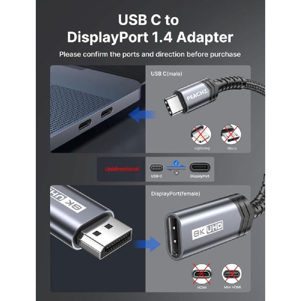 PEACHZ USB-C to Female DisplayPort 1.4 Adapter