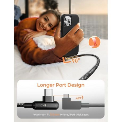 PEACHZ 240W USB-C to USB-C Right Angle Fast Charge 2 Pack with Magnetic Cable Clips