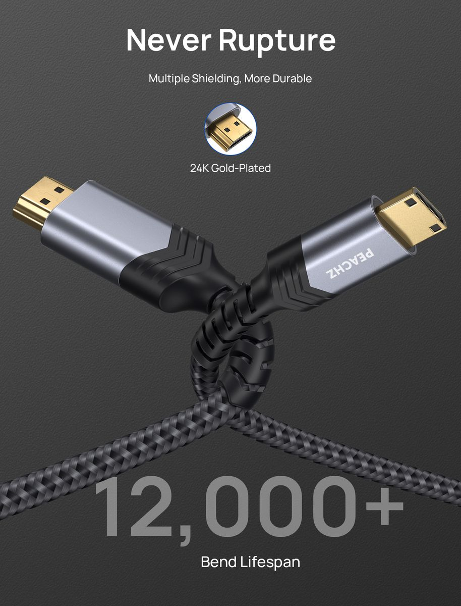 PEACHZ 4K Nylon Braided Mini HDMI to HDMI Cable 1.8M