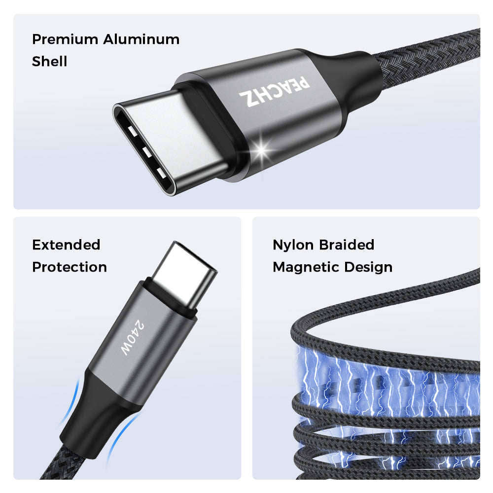 PEACHZ USB-C to USB-C Magnetic Cable-240W Fast Charging, Nylon Braided-1.5m