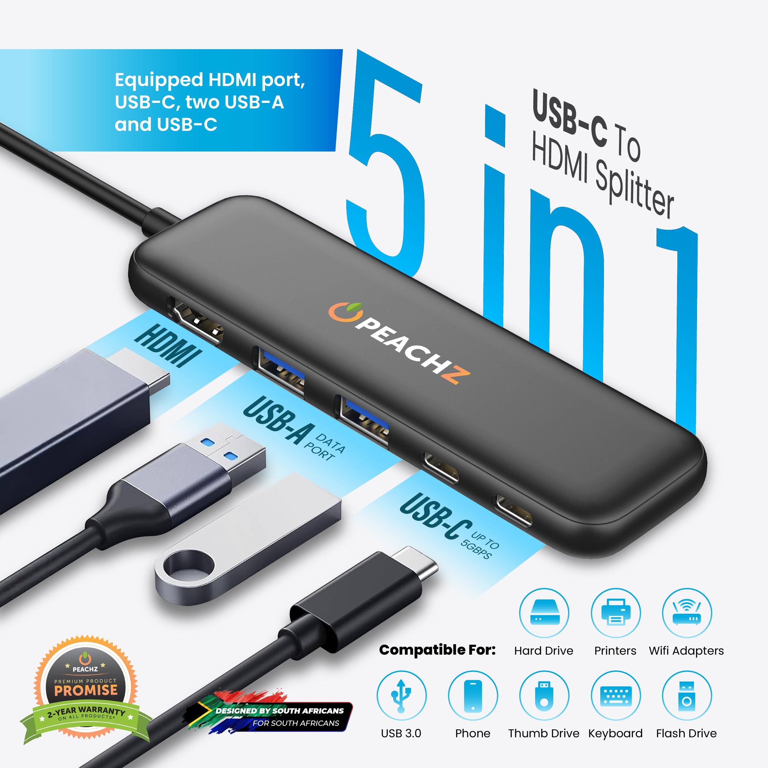 Peachz 5-in-1 USB-C Adapter Hub with 4K HDMI Splitter, 100W PD & USB 3.0