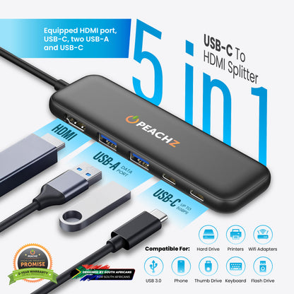 Peachz 5-in-1 USB-C Adapter Hub with 4K HDMI Splitter, 100W PD & USB 3.0
