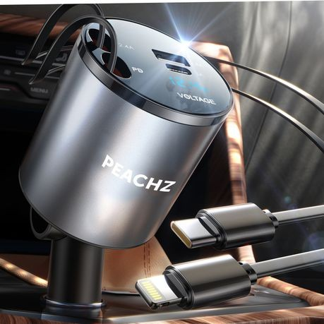 PEACHZ 4-in-1 Retractable iPhone Car Charger Fast Charger