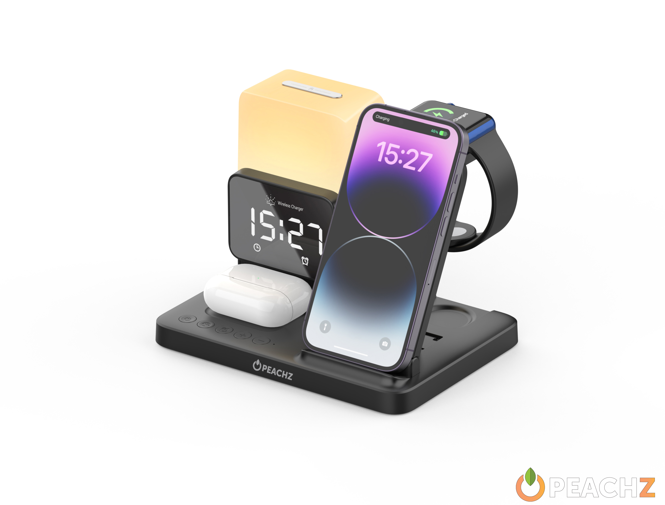 PEACHZ 6-in-1 Wireless Charging Station Dock with Clock & LED Lamp