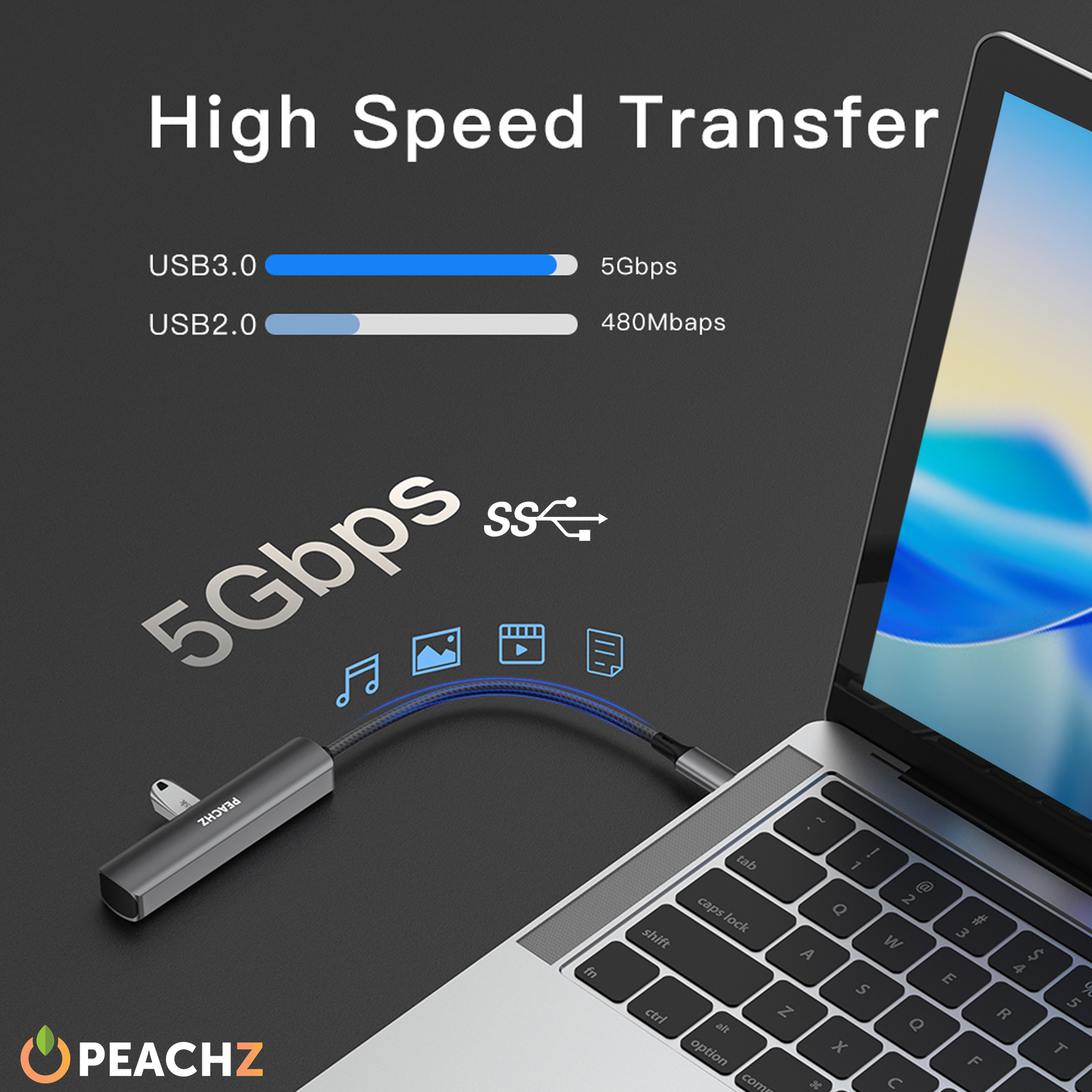 PEACHZ USB-C Multiport Hub - 4K@60HZ HDMI, USB 3.0 & PD Charging