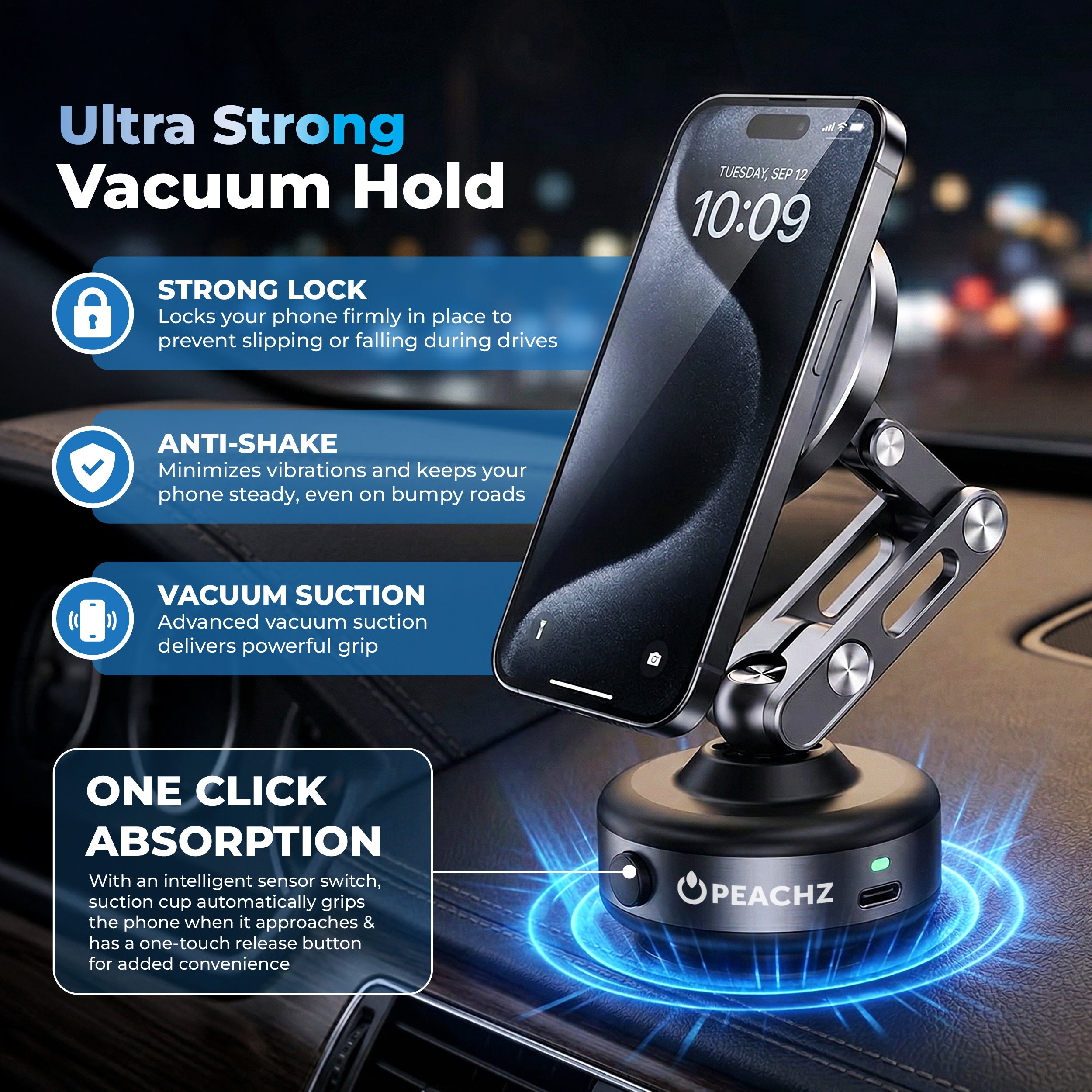 Peachz Adjustable Magnetic Car Phone Mount with Vacuum Suction