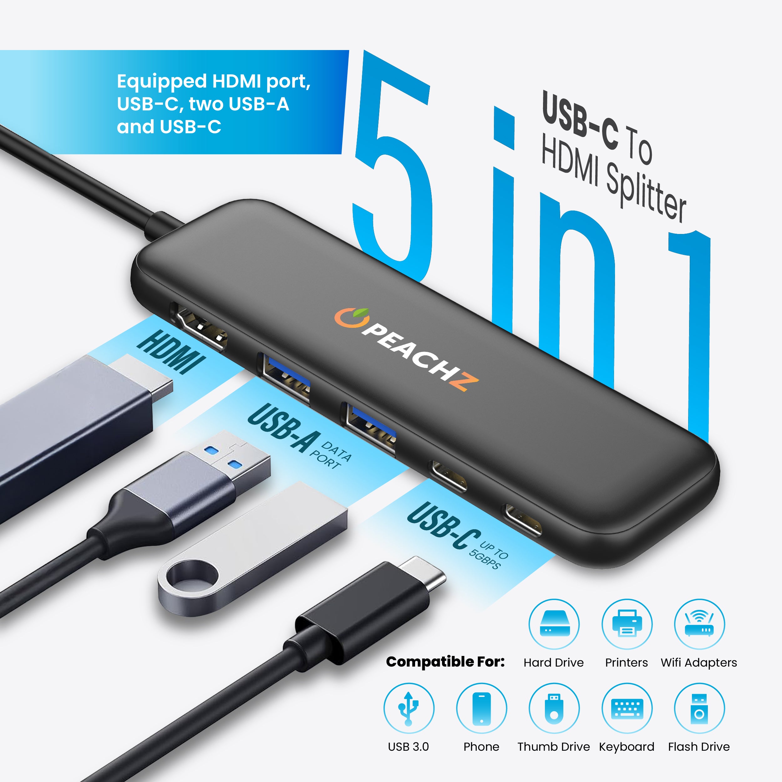 Peachz 5-in-1 USB-C Adapter Hub with 4K HDMI Splitter, 100W PD & USB 3.0
