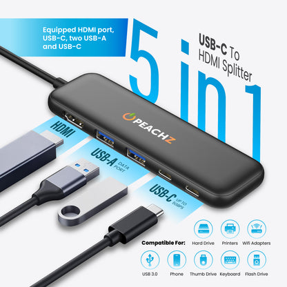 Peachz 5-in-1 USB-C Adapter Hub with 4K HDMI Splitter, 100W PD & USB 3.0