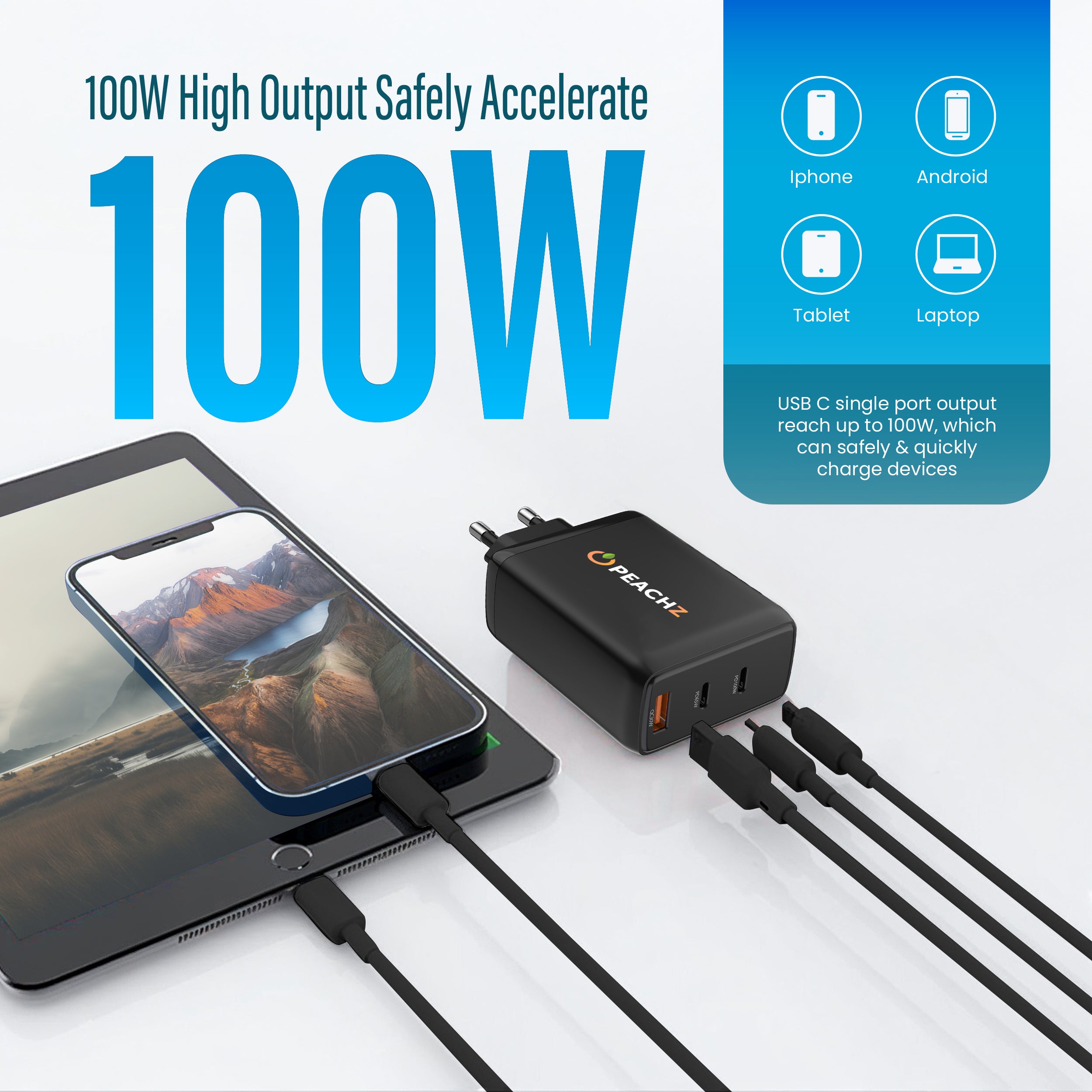 Peachz 100W GaN USB-C Fast Charger with 2×Type-C PD &1 USB-A Laptop Adapter