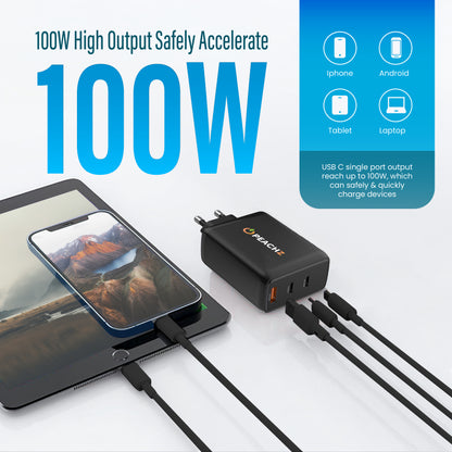 Peachz 100W GaN USB-C Fast Charger with 2×Type-C PD &1 USB-A Laptop Adapter