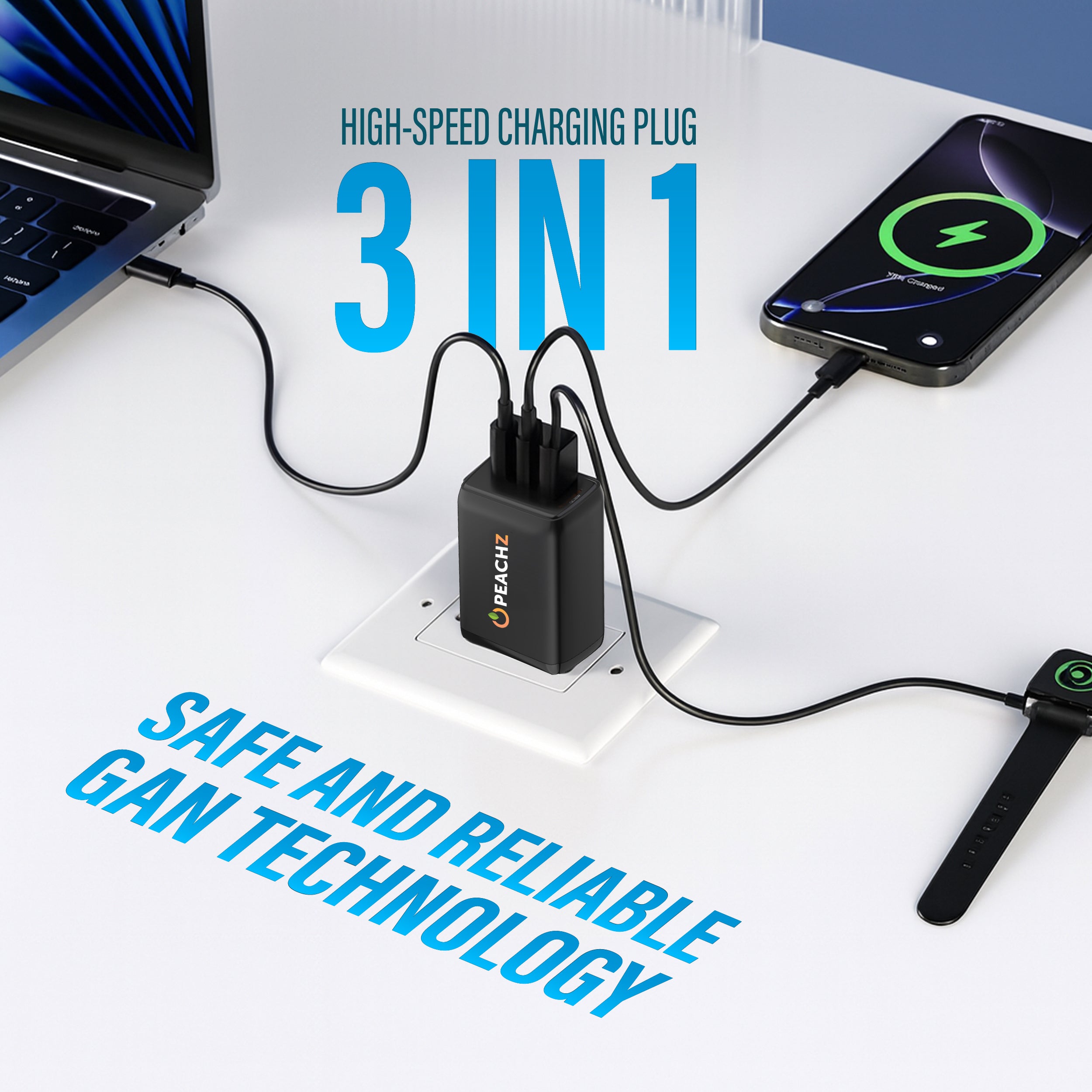 Peachz 100W GaN USB-C Fast Charger with 2×Type-C PD &1 USB-A Laptop Adapter